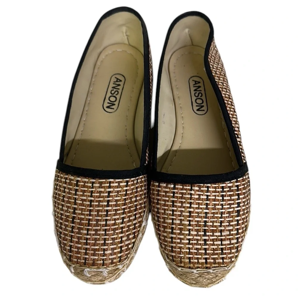 Anson Espadrille Flats Tan Black and Metallic Copper Woven Raffia Shoes Womens 7